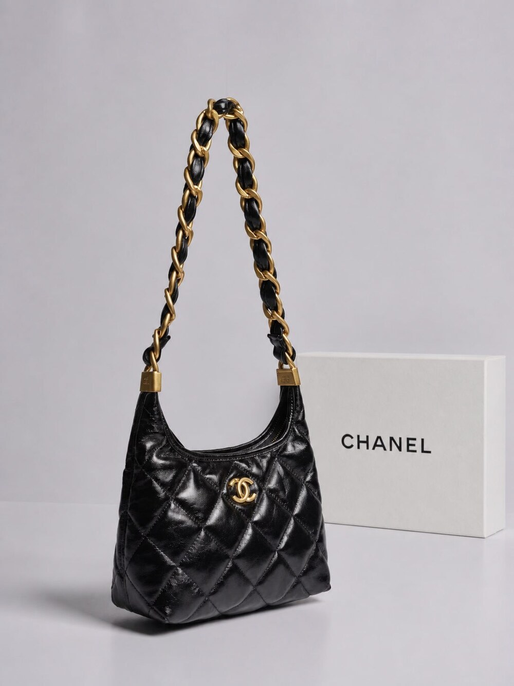 Chanel Shiny Black Calfskin Quilted Hobo with Gold Tone Hardware - Picture 7 of 14